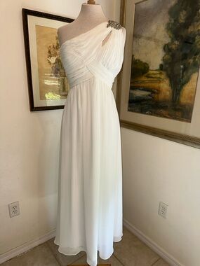 Calvin Klein Elegant One-Shoulder White Grecian Evening Gown w/Rhinestone Size 6